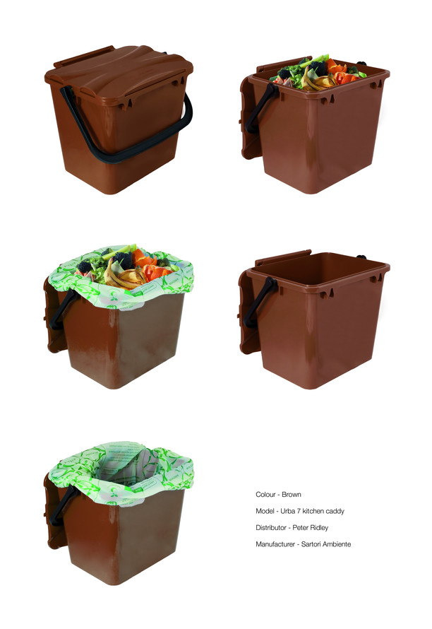 Brown food waste kitchen caddy shown with and without compostable liner WRAP Resource Library